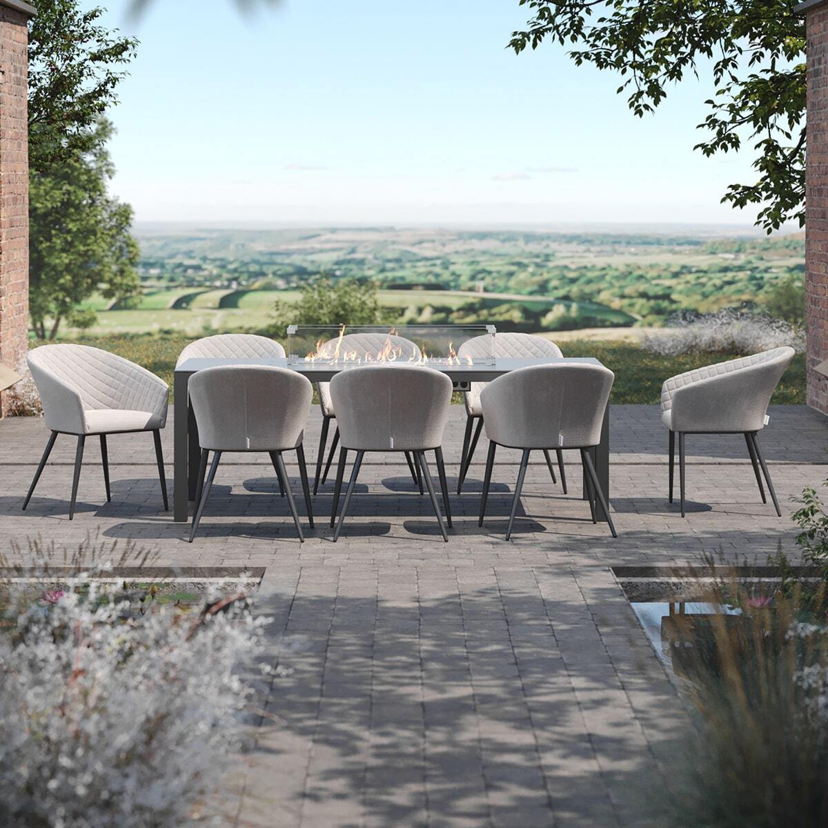 Maze - Outdoor Fabric Ambition 8 Seat Rectangular Dining Set with Fire Pit Table - Oatmeal - Blythe Living