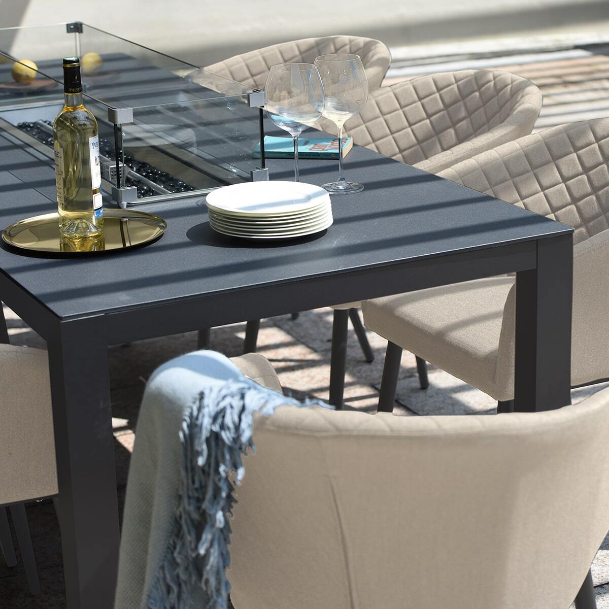 Maze - Outdoor Fabric Ambition 8 Seat Rectangular Dining Set with Fire Pit Table - Oatmeal - Blythe Living