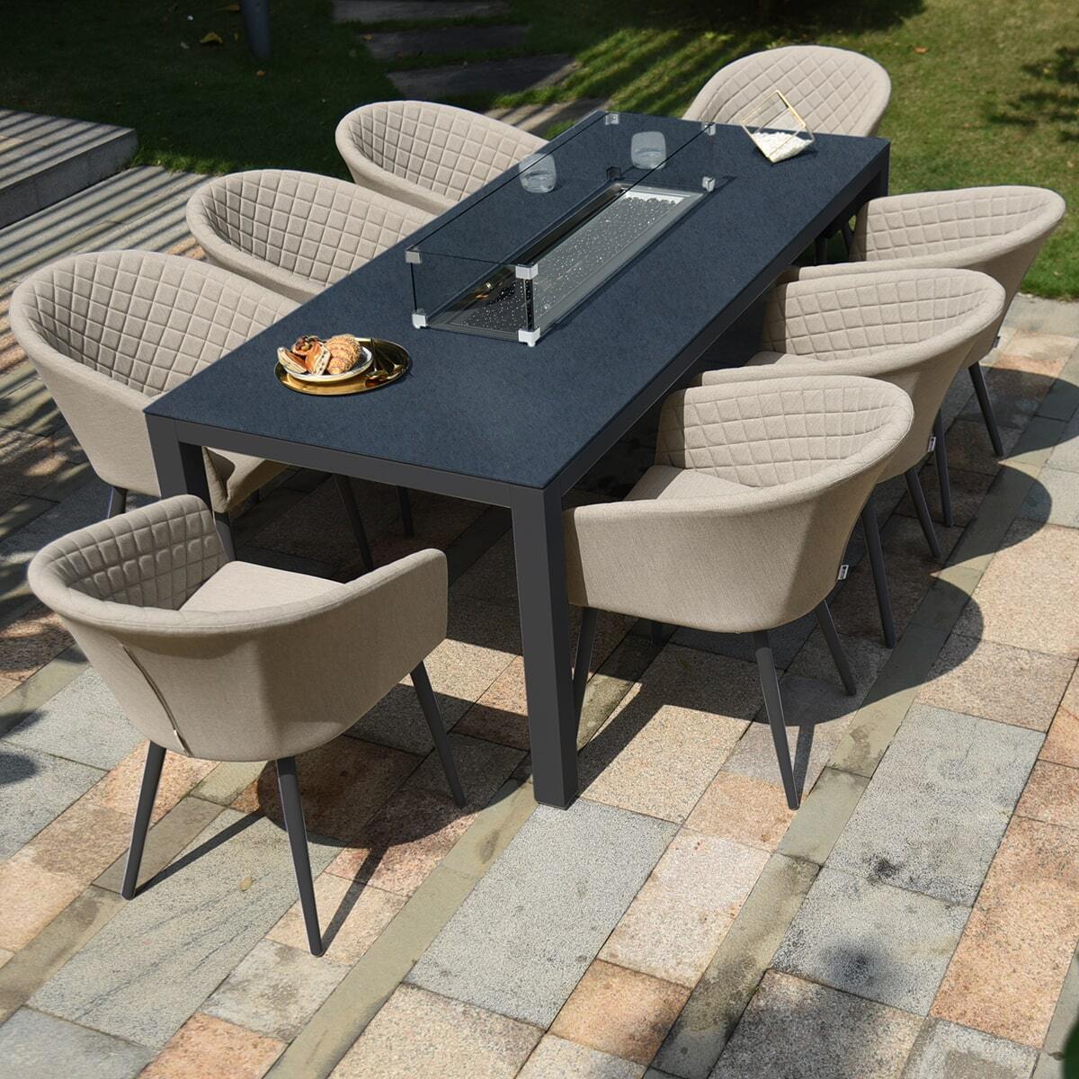 Maze - Outdoor Fabric Ambition 8 Seat Rectangular Dining Set with Fire Pit Table - Oatmeal - Blythe Living