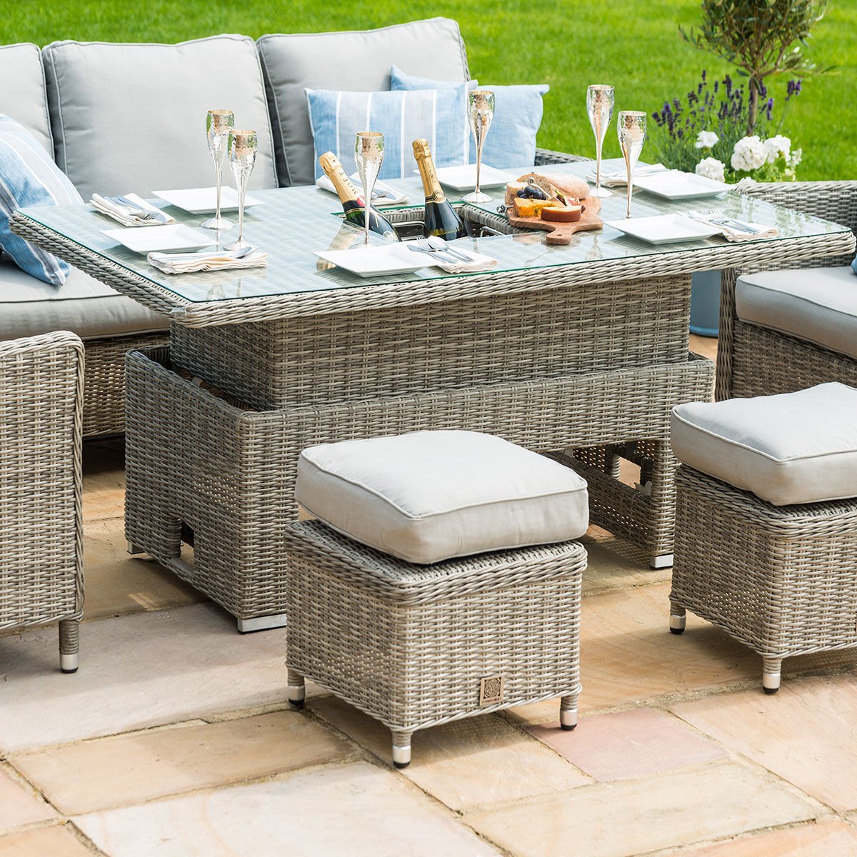 Maze - Oxford Sofa Rattan Dining Set with Ice Bucket & Rising Table - Blythe Living