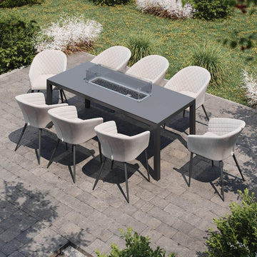 Maze - Outdoor Fabric Ambition 8 Seat Rectangular Dining Set with Fire Pit Table - Oatmeal - Blythe Living