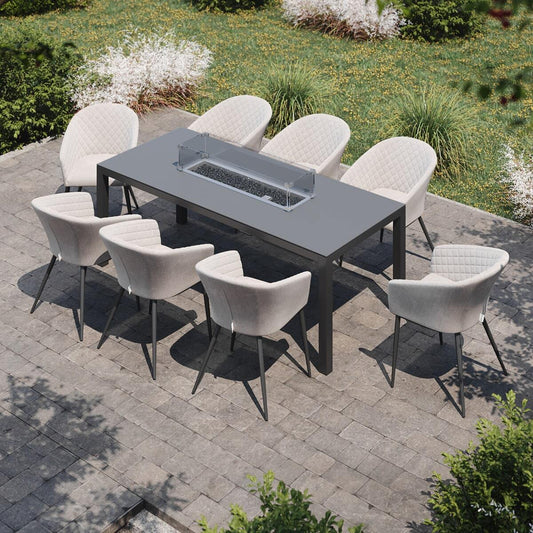Maze - Outdoor Fabric Ambition 8 Seat Rectangular Dining Set with Fire Pit Table - Oatmeal - Blythe Living