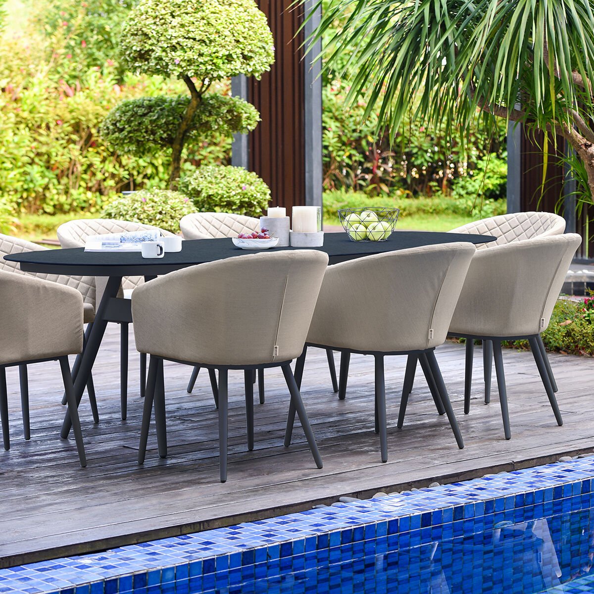 Maze - Outdoor Fabric Ambition 8 Seat Oval Dining Set - Oatmeal - Blythe Living