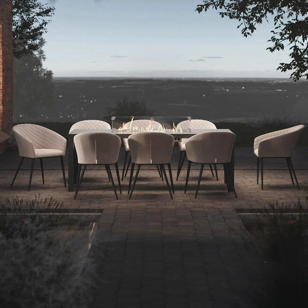 Maze - Outdoor Fabric Ambition 8 Seat Rectangular Dining Set with Fire Pit Table - Oatmeal - Blythe Living