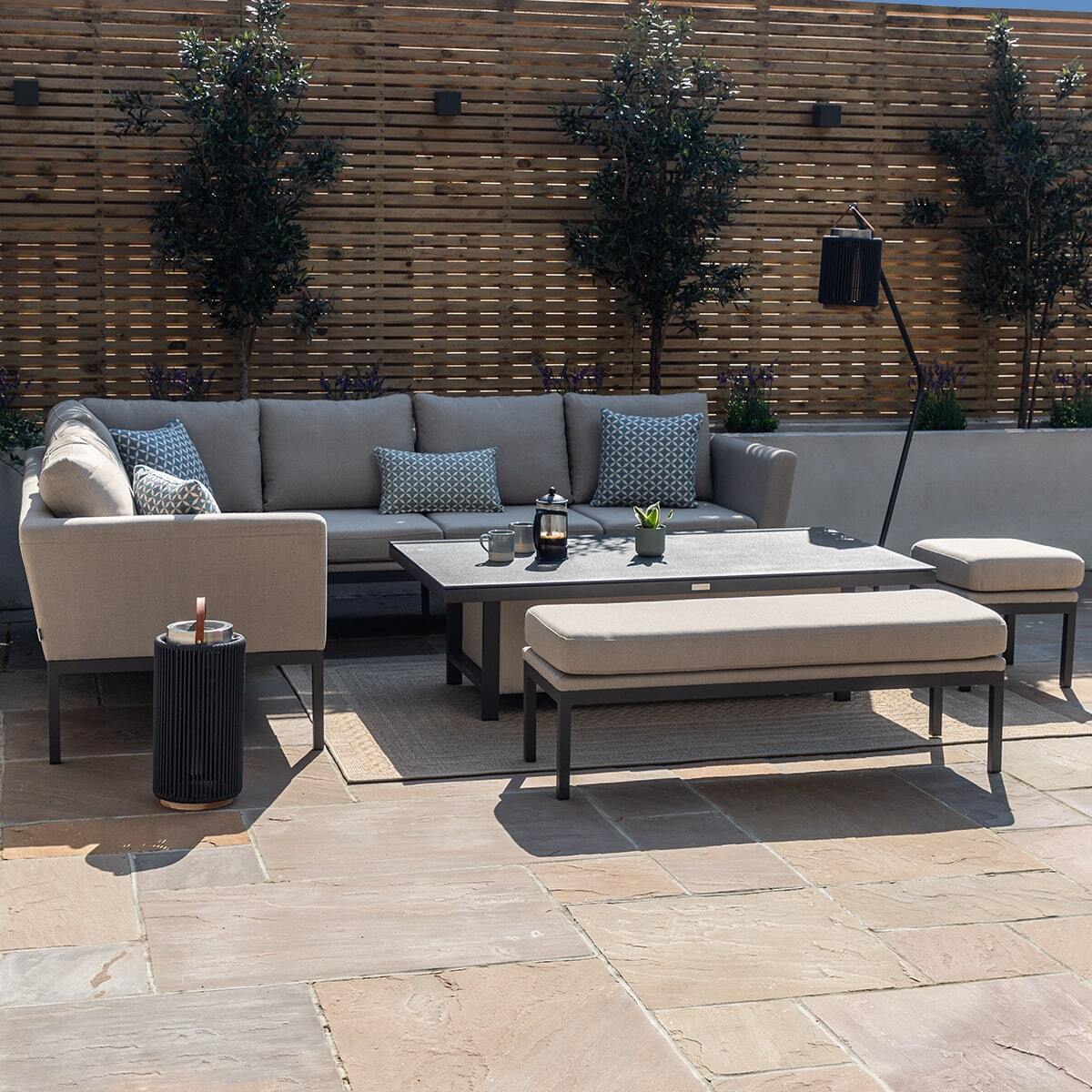 Maze - Outdoor Fabric Pulse Rectangular Corner Dining Set with Rising Table - Oatmeal - Blythe Living