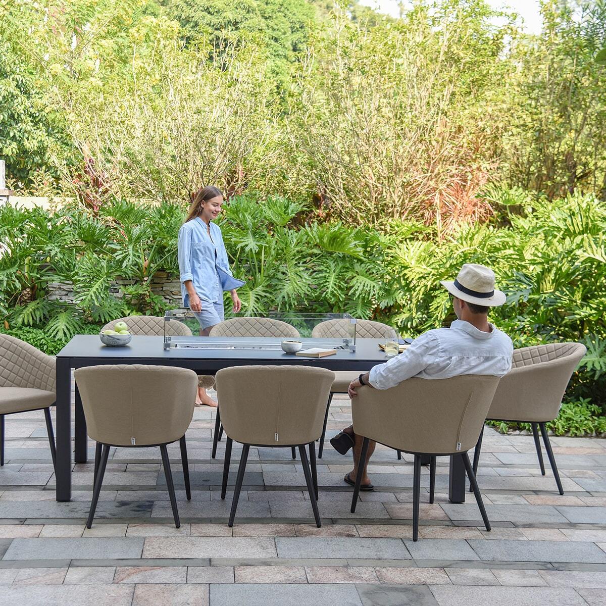 Maze - Outdoor Fabric Ambition 8 Seat Rectangular Dining Set with Fire Pit Table - Oatmeal - Blythe Living