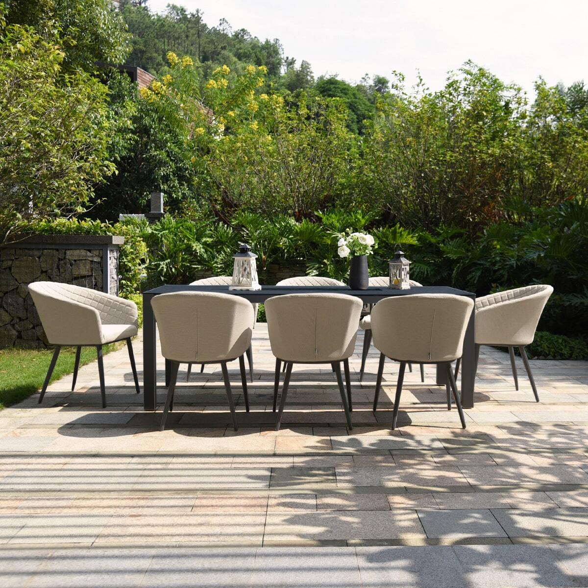 Maze - Outdoor Fabric Ambition 8 Seat Rectangular Dining Set with Fire Pit Table - Oatmeal - Blythe Living