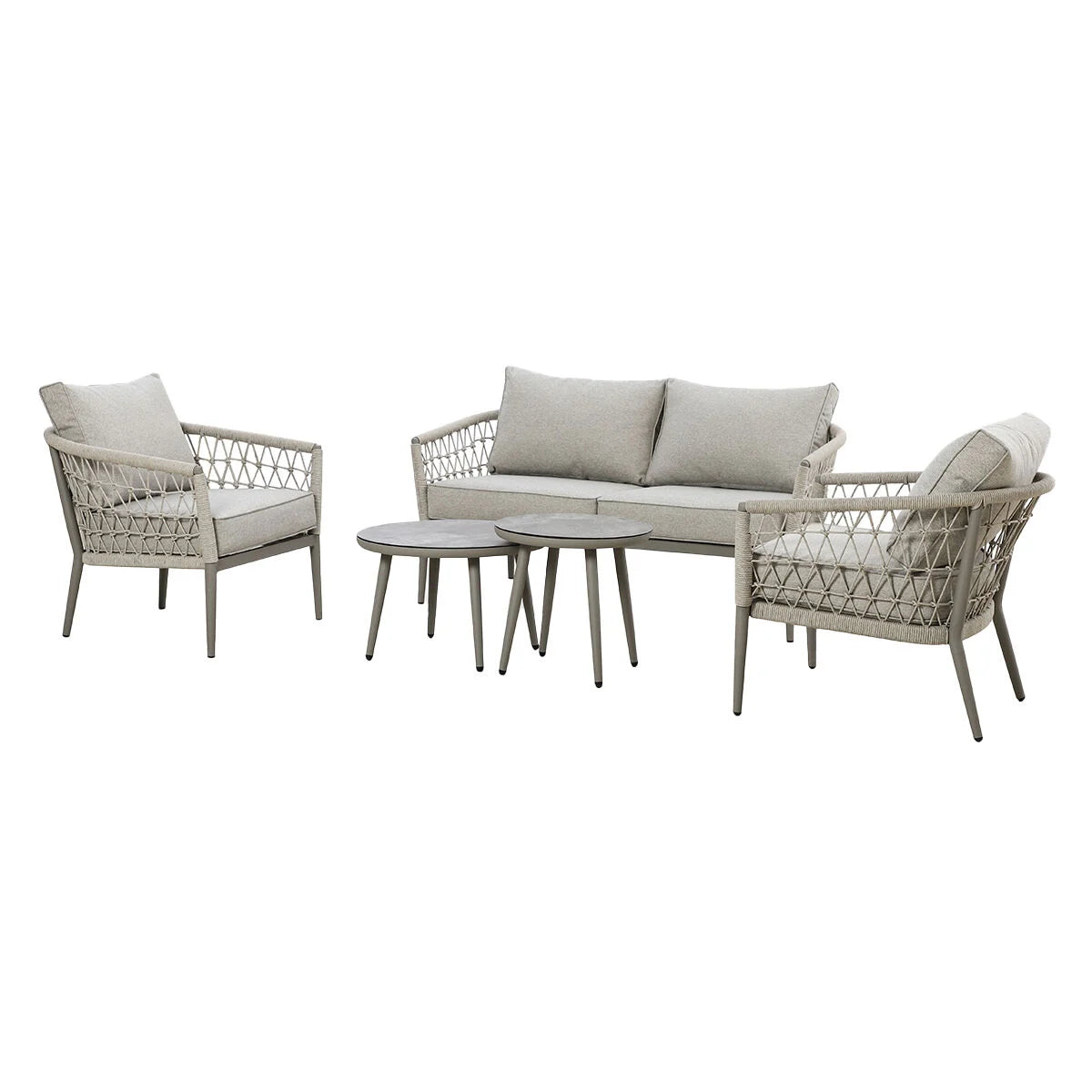 Maze - Monaco Rope Weave 2 Seat Sofa Set with Pair of Round Coffee Tables - Cool Linen - Blythe Living