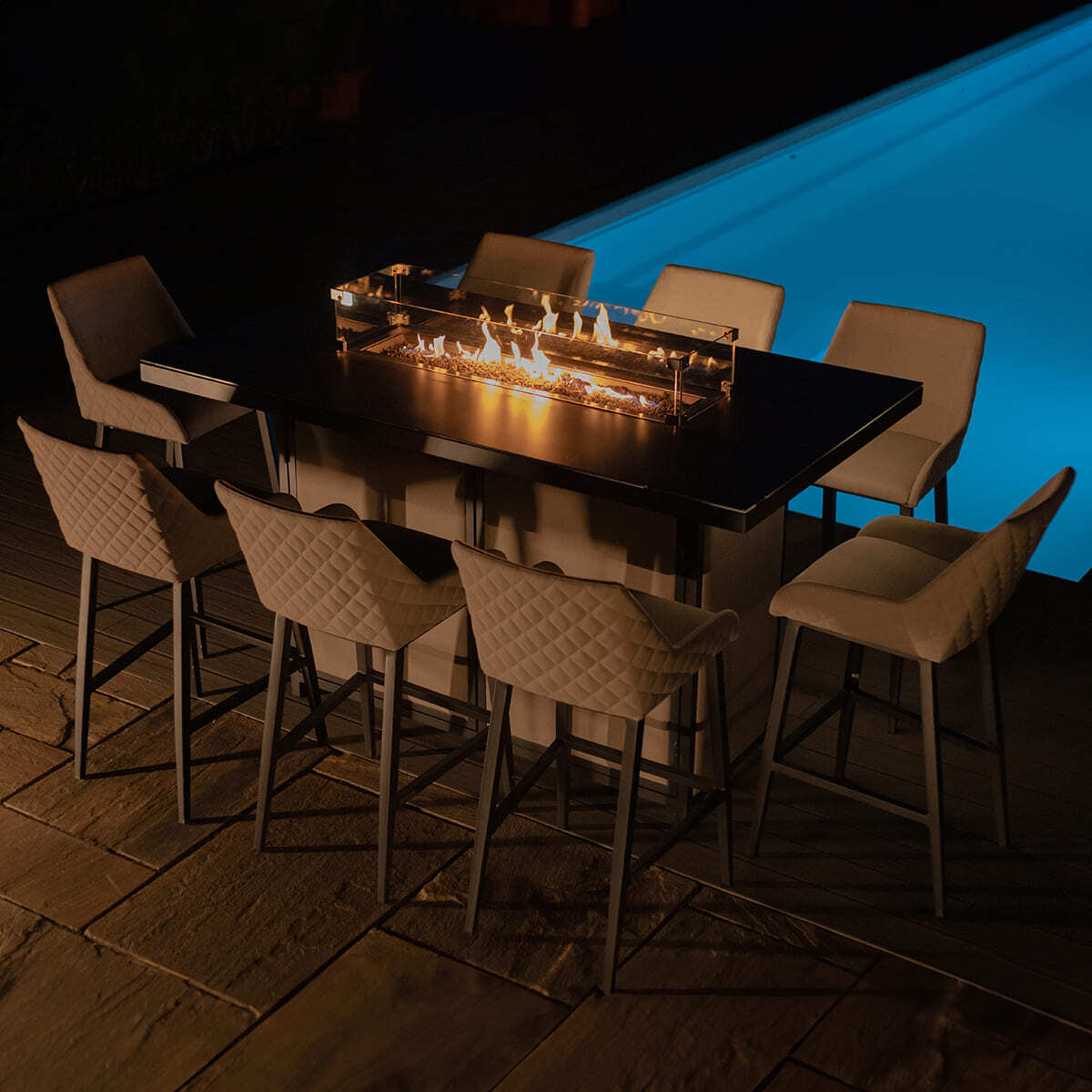Maze - Outdoor Fabric Regal 8 Seat Rectangular Bar Set with Fire Pit Table - Oatmeal - Blythe Living
