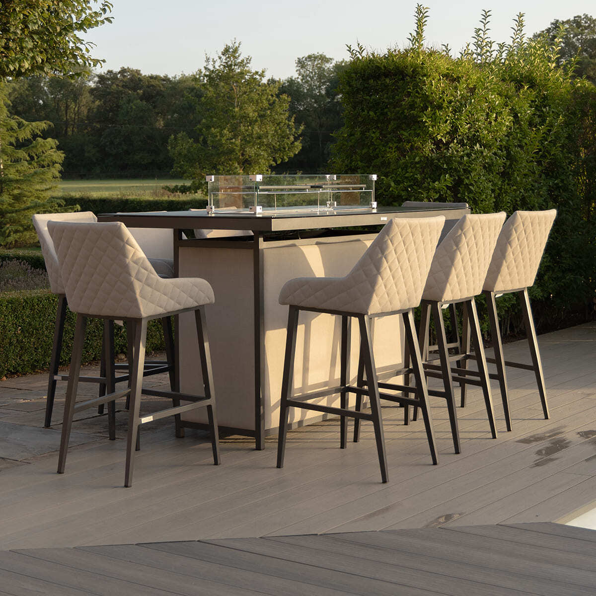 Maze - Outdoor Fabric Regal 8 Seat Rectangular Bar Set with Fire Pit Table - Oatmeal - Blythe Living