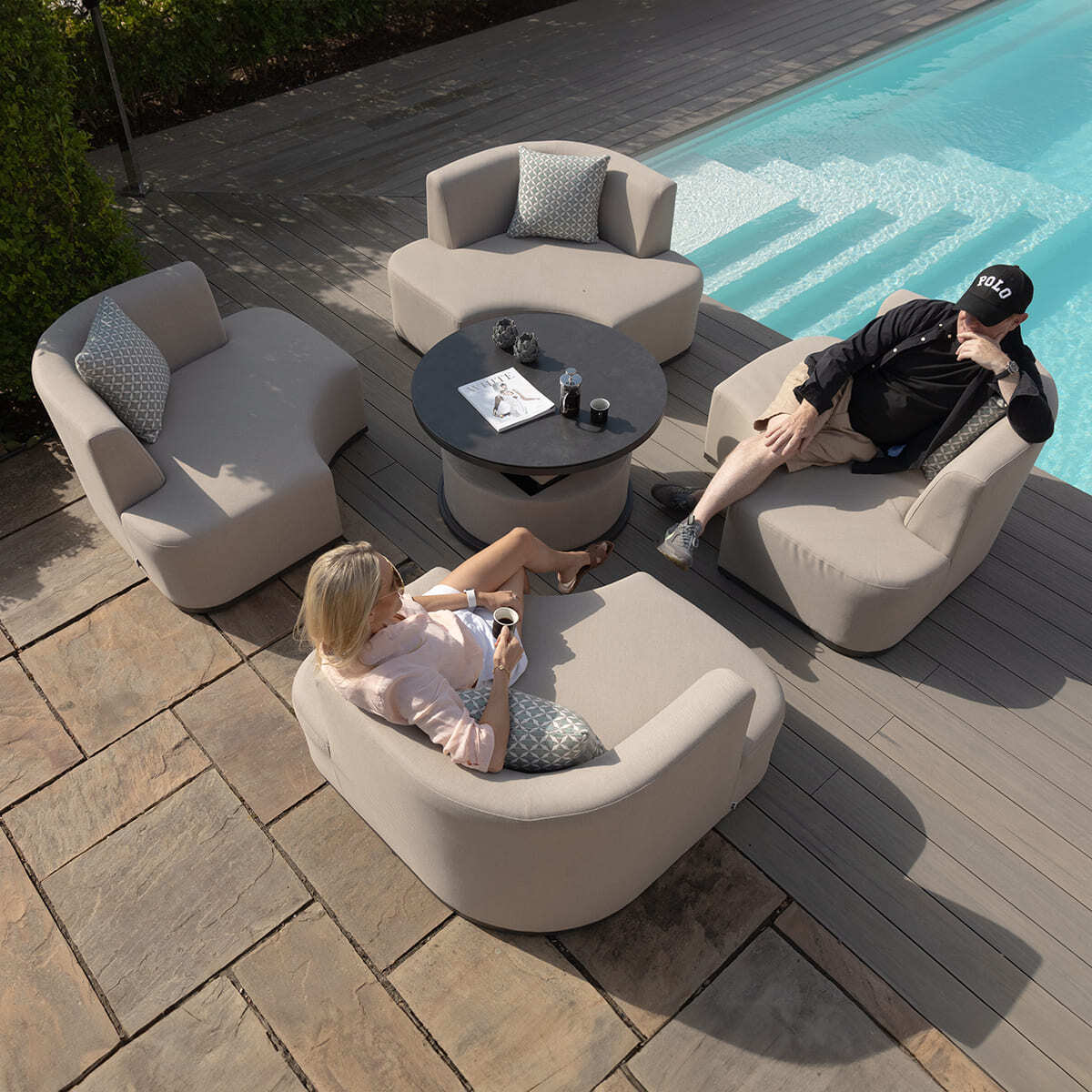 Maze - Outdoor Fabric Snug Lifestyle Suite with Rising Table - Oatmeal - Blythe Living