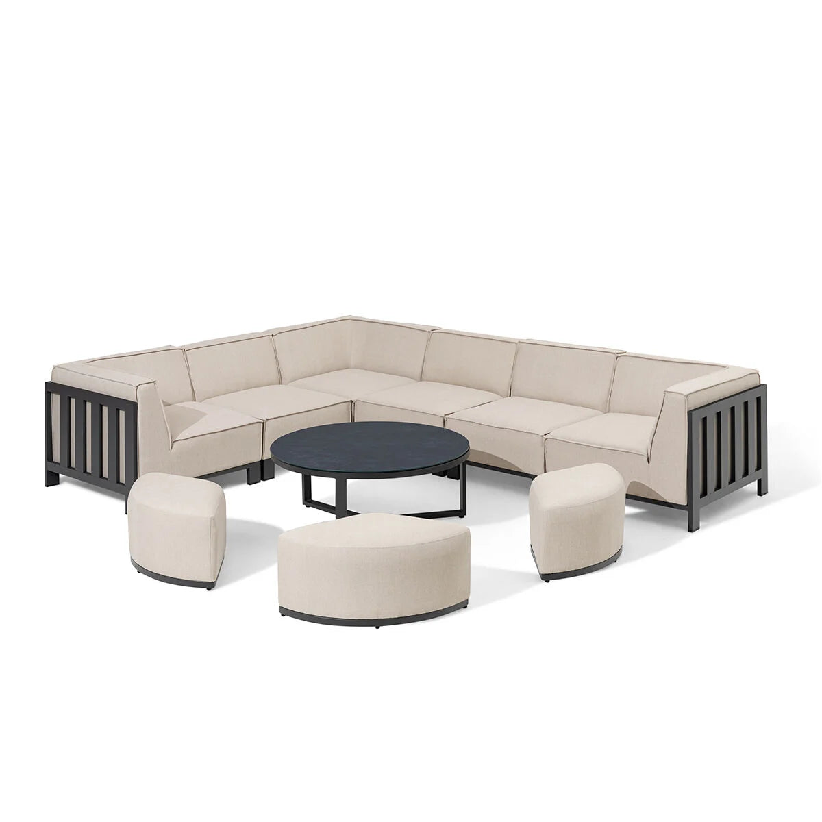 Maze - Outdoor Fabric Ibiza Medium Corner Sofa Set with Round Coffee Table & 3 Footstools - Oatmeal - Blythe Living