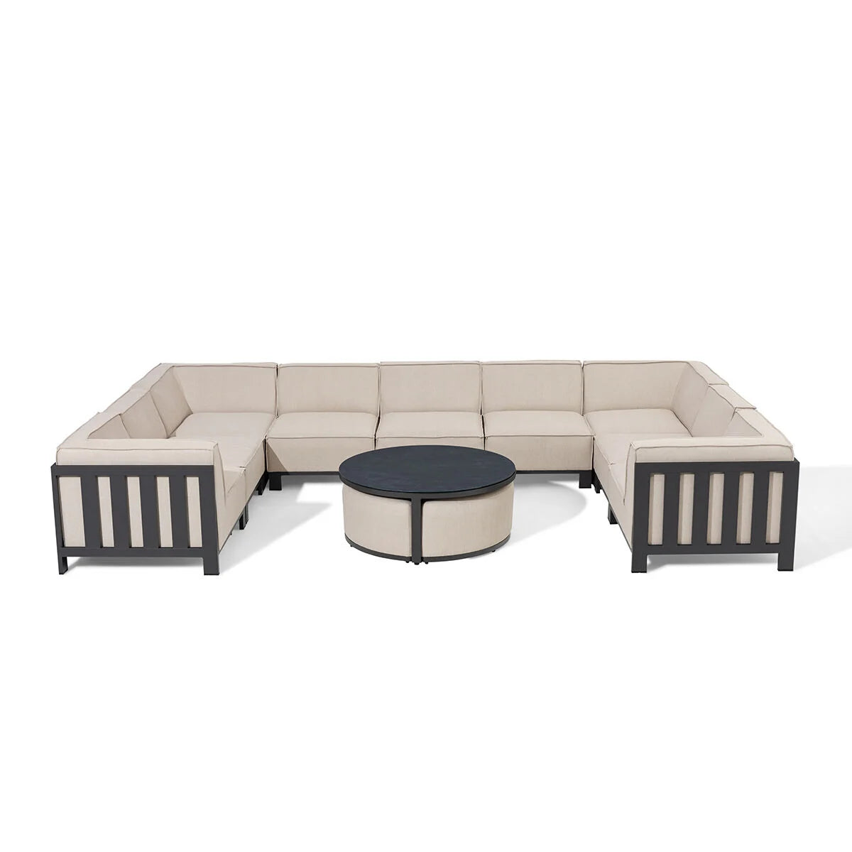 Maze - Outdoor Fabric Ibiza U Shape Sofa Set with Round Coffee Table & 3 Footstools - Oatmeal - Blythe Living