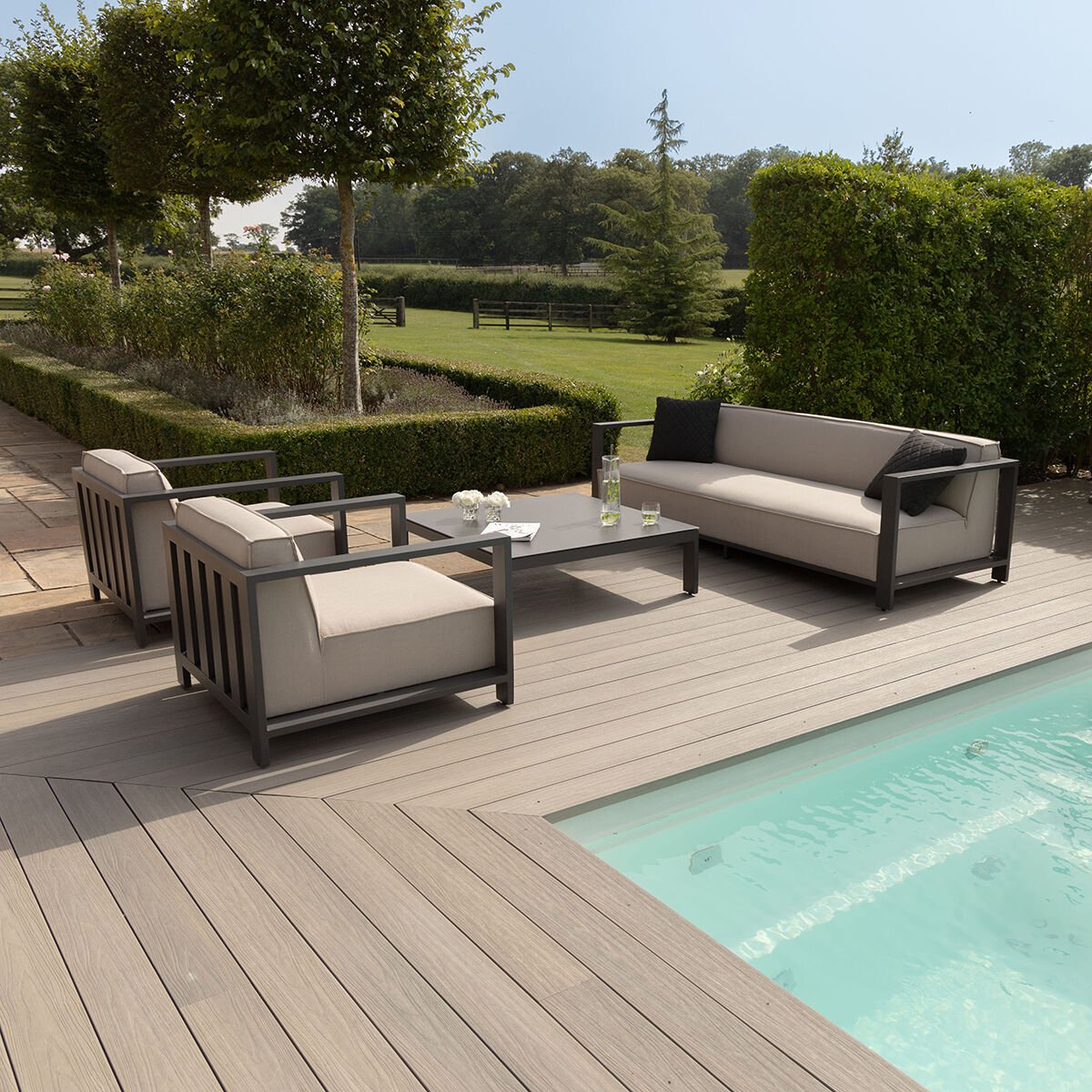 Maze - Outdoor Fabric Ibiza 3 Seat Sofa Set with Square Coffee Table - Oatmeal - Blythe Living