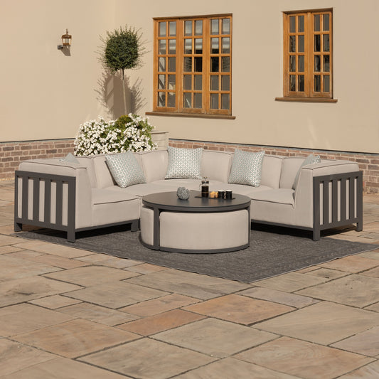 Maze - Outdoor Fabric Ibiza Small Corner Sofa Set with Round Coffee Table & 3 Footstools - Oatmeal - Blythe Living