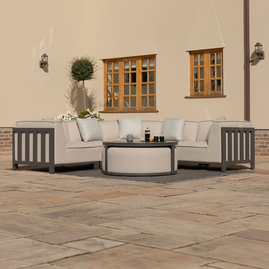 Maze - Outdoor Fabric Ibiza Small Corner Sofa Set with Round Coffee Table & 3 Footstools - Oatmeal - Blythe Living