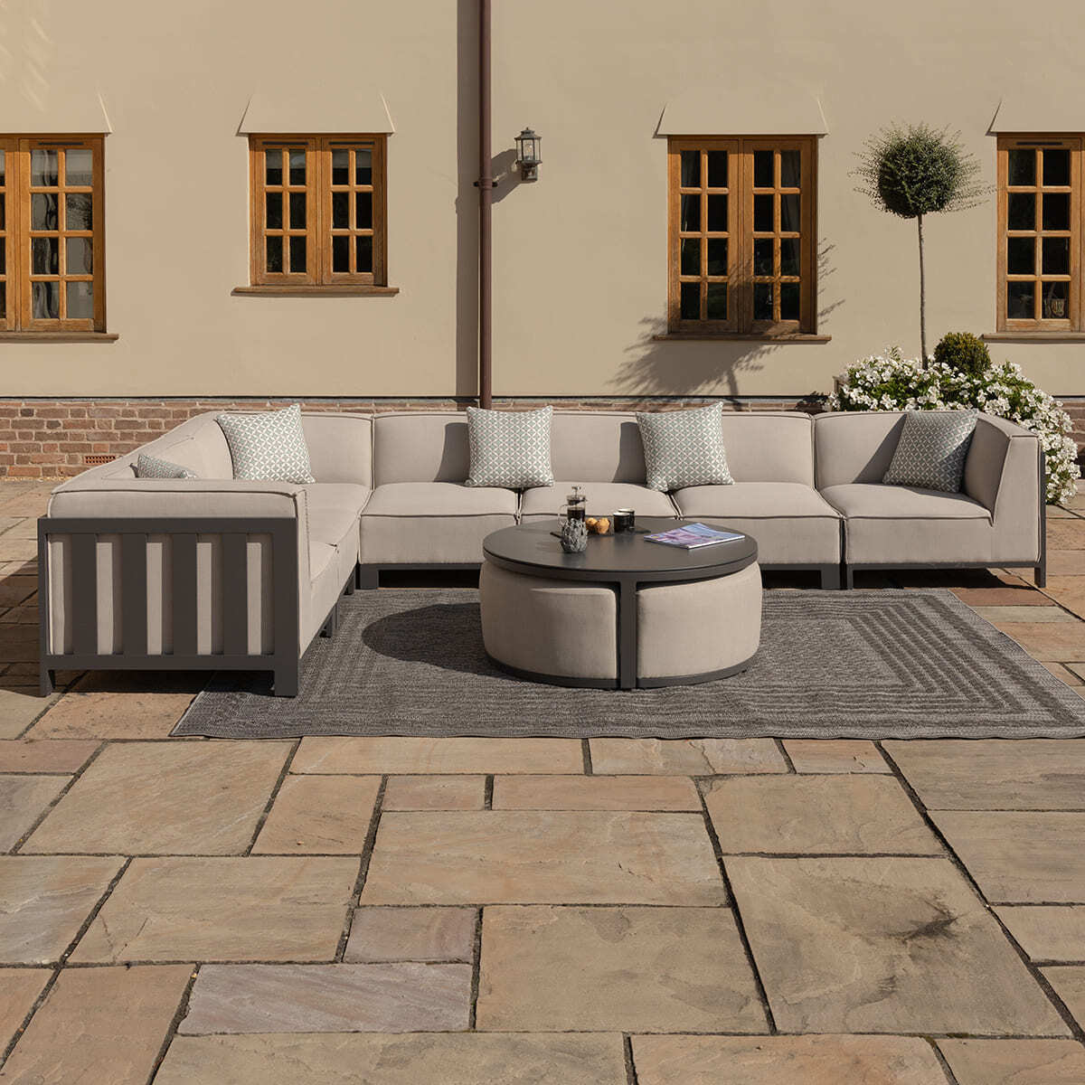 Maze - Outdoor Fabric Ibiza Large Corner Sofa Set with Round Coffee Table & 3 Footstools - Oatmeal - Blythe Living