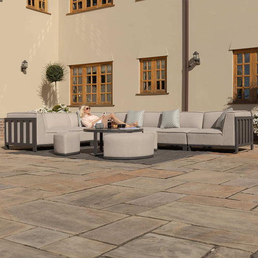 Maze - Outdoor Fabric Ibiza Large Corner Sofa Set with Round Coffee Table & 3 Footstools - Oatmeal - Blythe Living