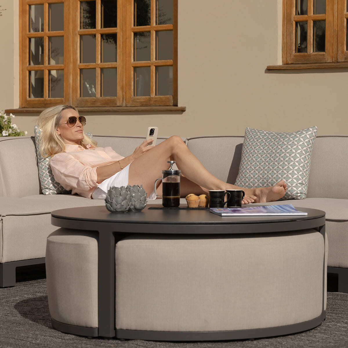 Maze - Outdoor Fabric Ibiza Large Corner Sofa Set with Round Coffee Table & 3 Footstools - Oatmeal - Blythe Living