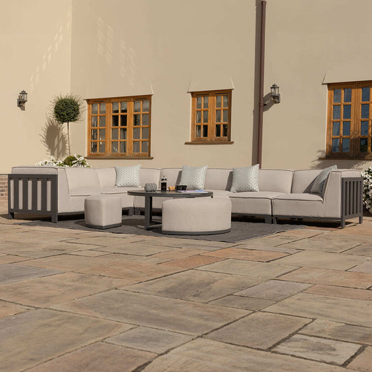 Maze - Outdoor Fabric Ibiza Large Corner Sofa Set with Round Coffee Table & 3 Footstools - Oatmeal - Blythe Living