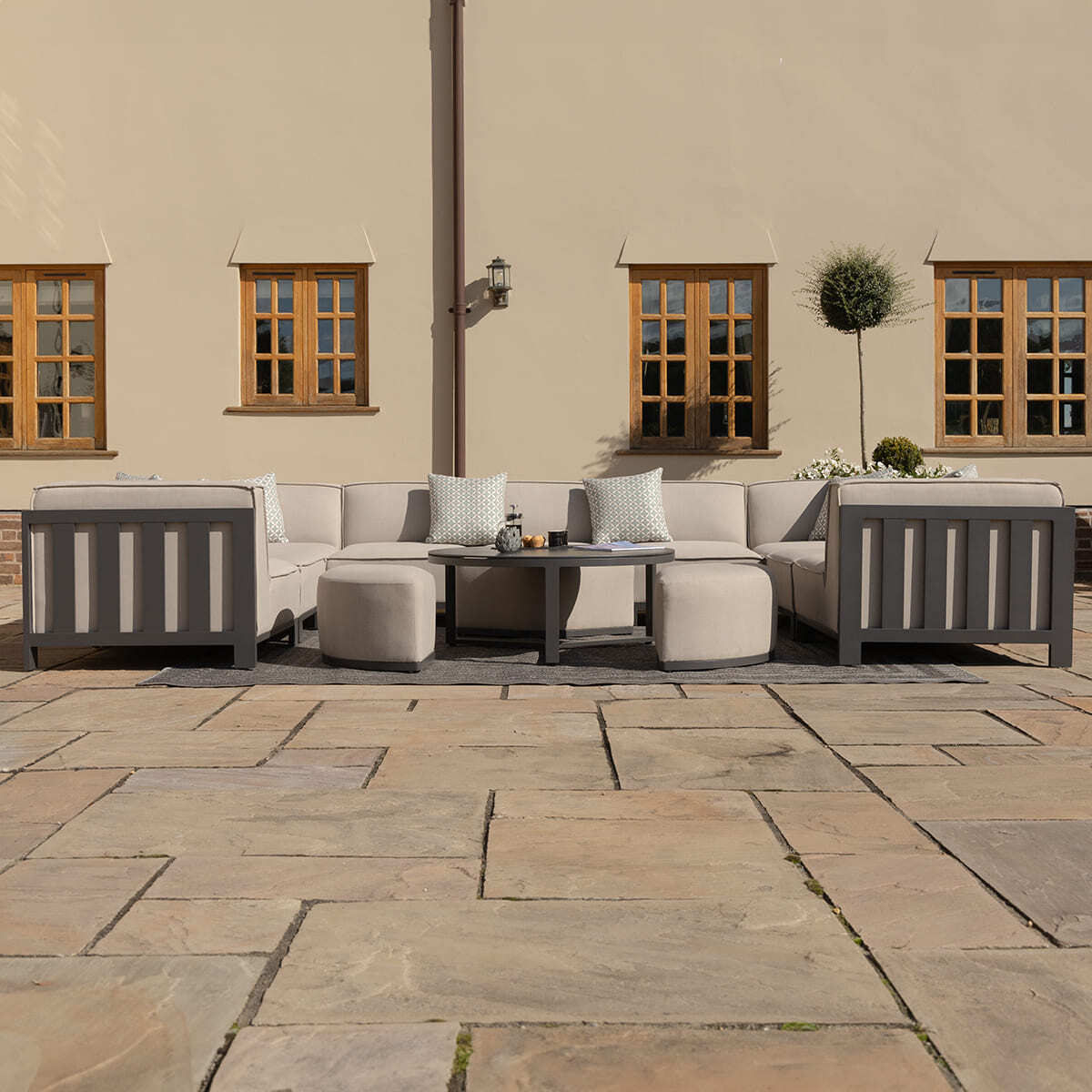 Maze - Outdoor Fabric Ibiza U Shape Sofa Set with Round Coffee Table & 3 Footstools - Oatmeal - Blythe Living