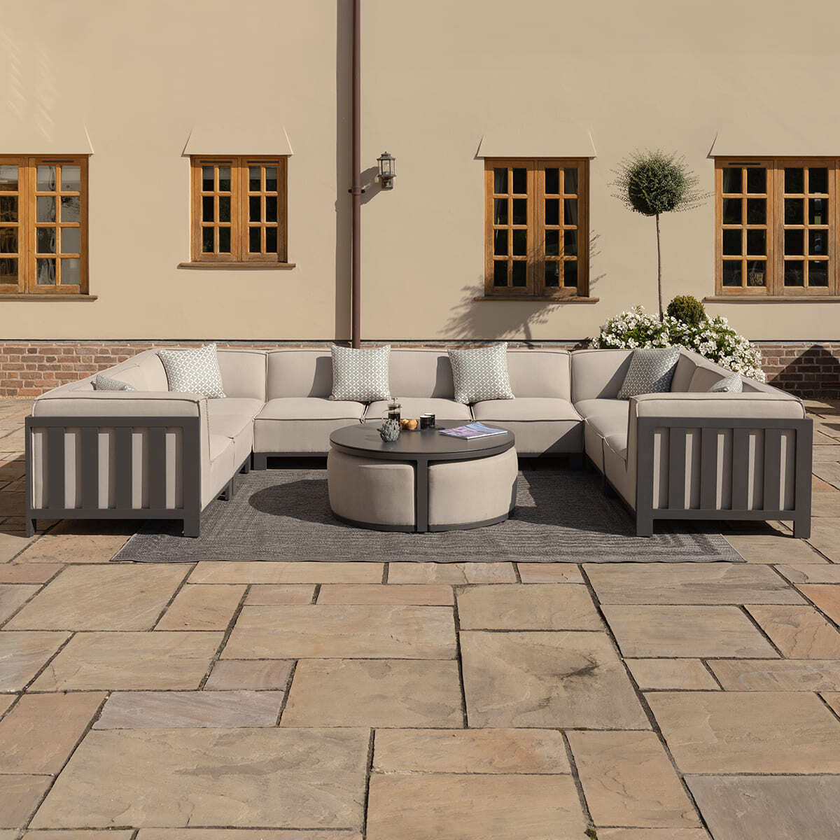 Maze - Outdoor Fabric Ibiza U Shape Sofa Set with Round Coffee Table & 3 Footstools - Oatmeal - Blythe Living