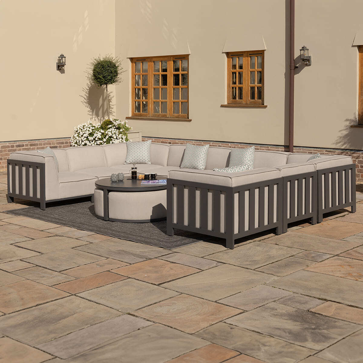 Maze - Outdoor Fabric Ibiza U Shape Sofa Set with Round Coffee Table & 3 Footstools - Oatmeal - Blythe Living