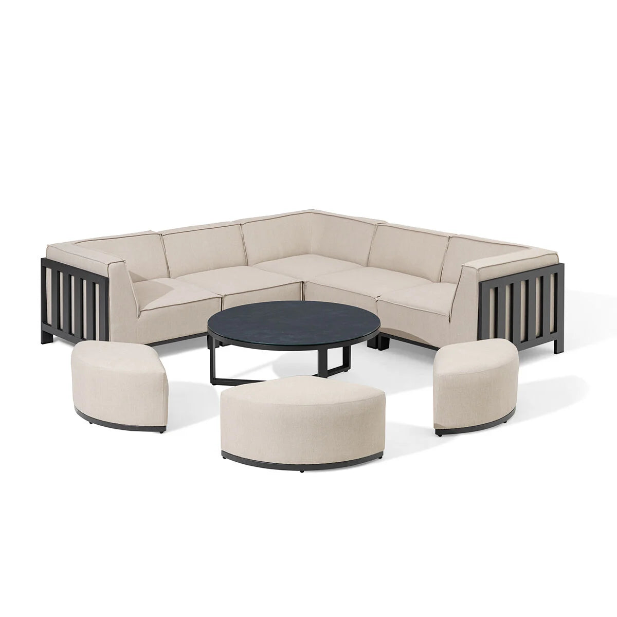 Maze - Outdoor Fabric Ibiza Small Corner Sofa Set with Round Coffee Table & 3 Footstools - Oatmeal - Blythe Living