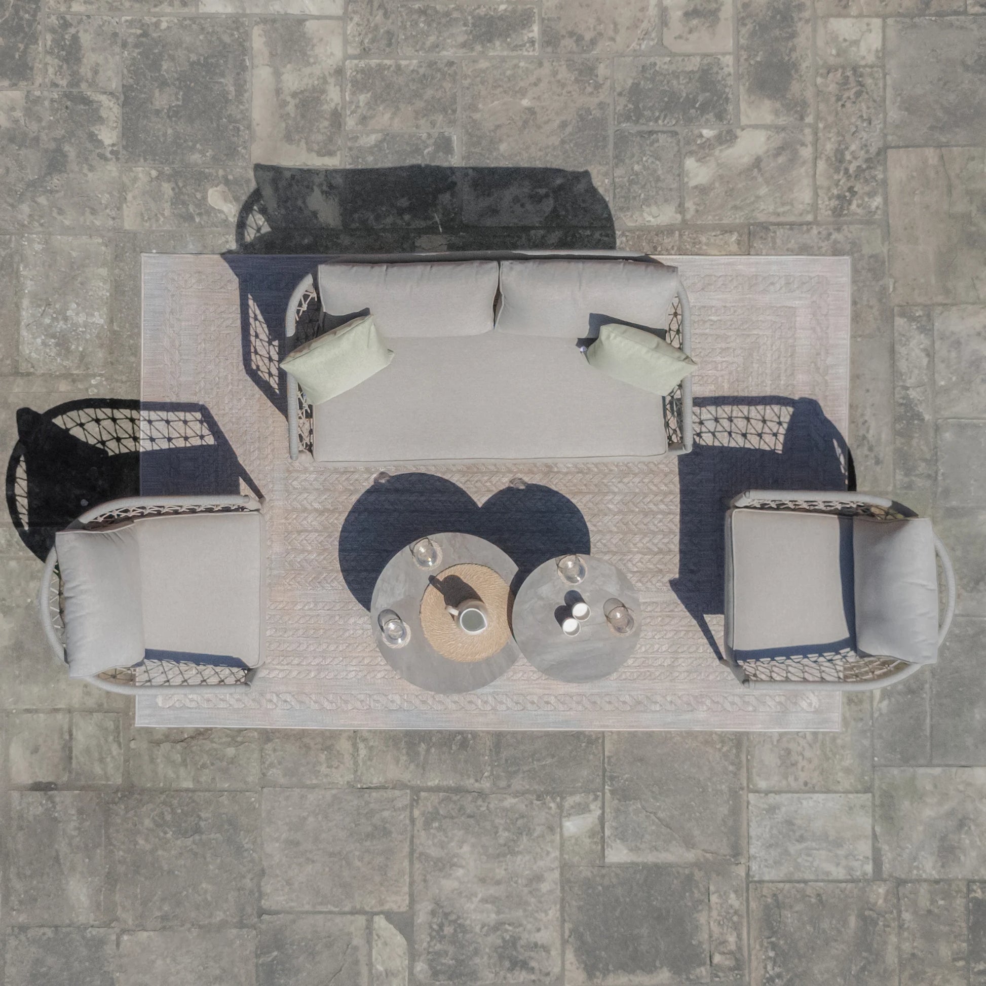 Maze - Monaco Rope Weave 2 Seat Sofa Set with Pair of Round Coffee Tables - Cool Linen - Blythe Living