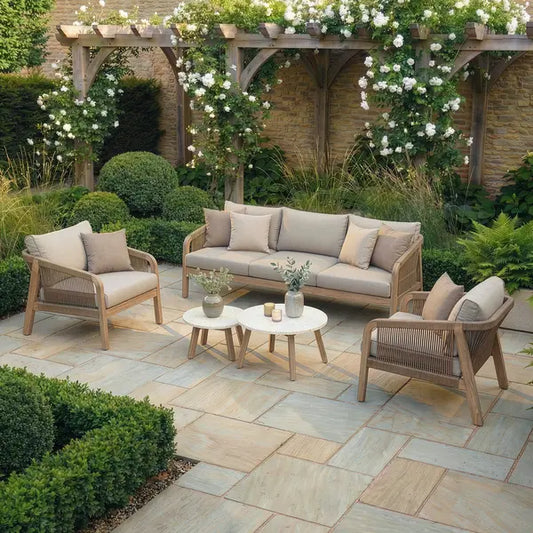 Maze - Antigua Rope Weave 3 Seat Sofa Set
with 2 Lounge Armchairs & Round Coffee Tables - Blythe Living