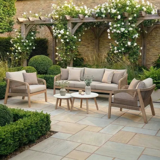 Maze - Antigua Rope Weave 3 Seat Sofa Set
with 2 Lounge Armchairs & Round Coffee Tables - Blythe Living