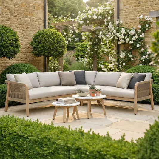 Maze - Antigua Rope Weave Corner Sofa Set
with 2 Round Coffee Tables - Terrazzo - Blythe Living