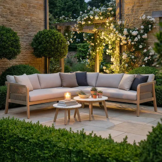 Maze - Antigua Rope Weave Corner Sofa Set
with 2 Round Coffee Tables - Terrazzo - Blythe Living