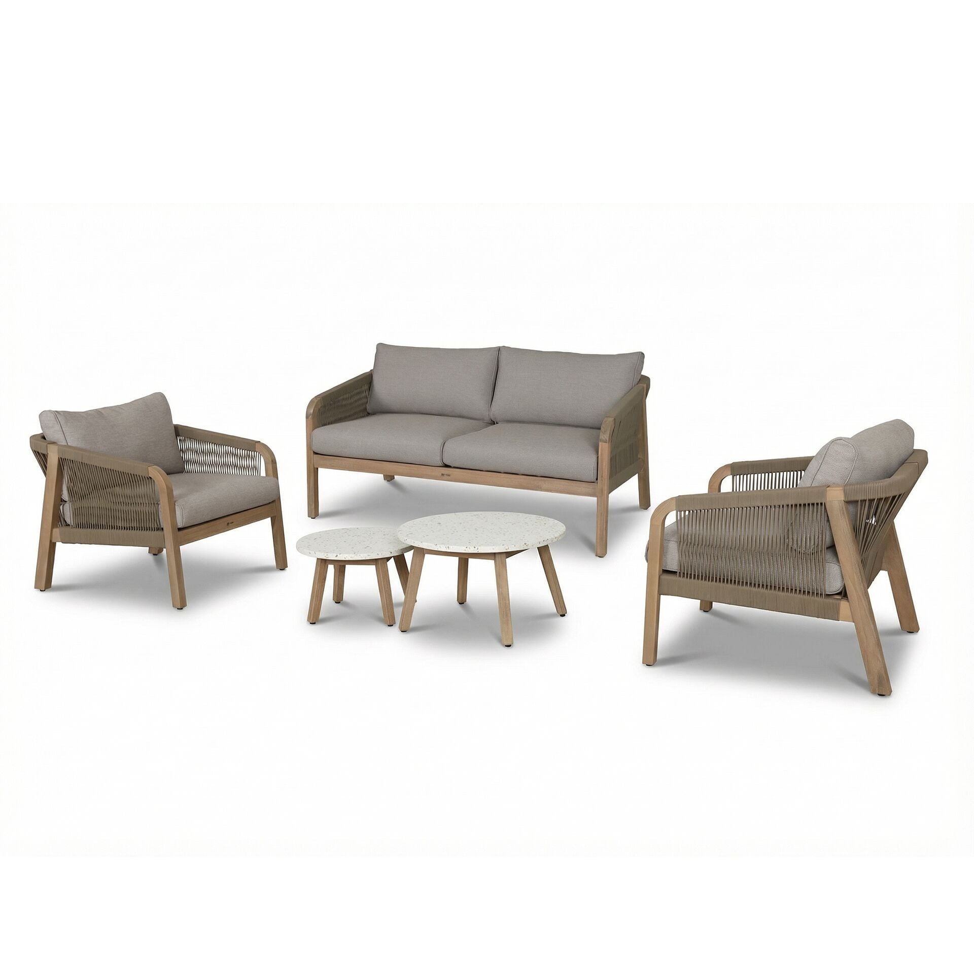 Antigua 2 Seat Sofa Set with Lounge Armchairs in a cosy garden setup, perfect to shop for stylish outdoor seating