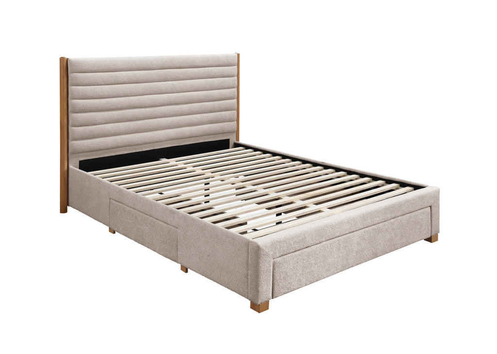 Arabella Vertical Panels Fabric Upholstered Curved Outward Winged Headboard with Ottoman Storage Bed