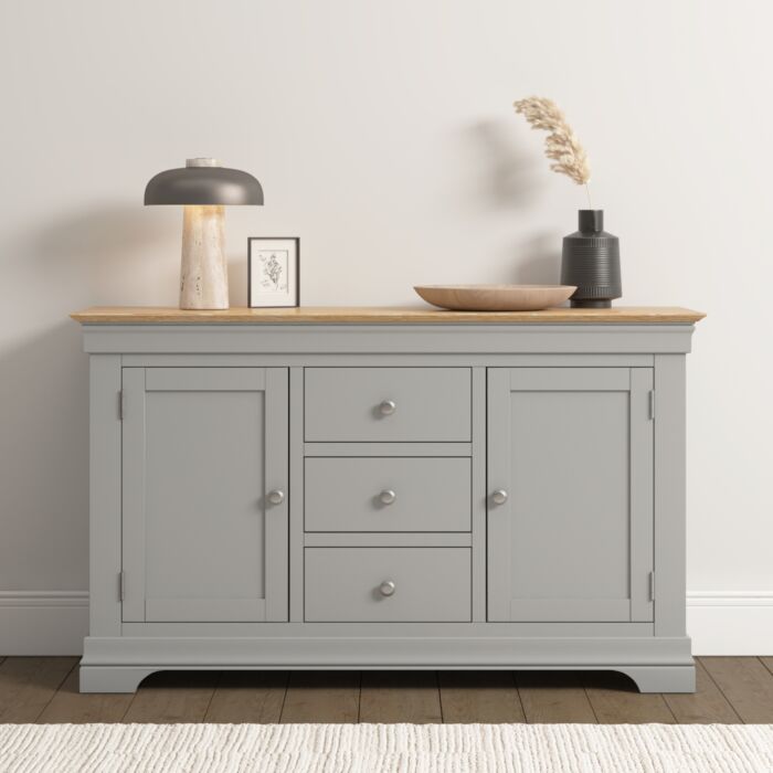 BORDEAUX 2 DOOR 3 DRAWER SIDEBOARD - PEBBLE GREY/OAK
