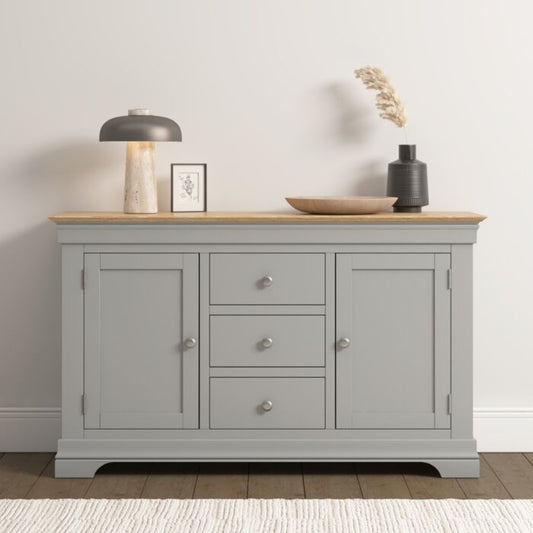 BORDEAUX 2 DOOR 3 DRAWER SIDEBOARD - PEBBLE GREY/OAK
