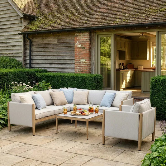 Maze - Burford Small Aluminium Corner Sofa Set
with Square Coffee Table & Armchair - Almond - Blythe Living