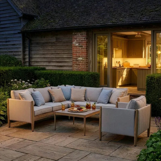 Maze - Burford Small Aluminium Corner Sofa Set
with Square Coffee Table & Armchair - Almond - Blythe Living