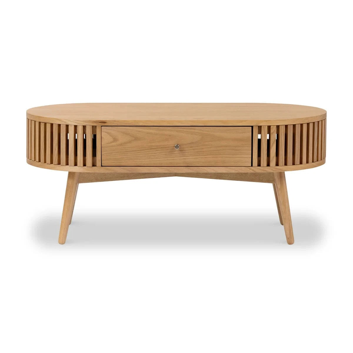 Best Oak Slatted Oval 1-Drawer Coffee Table - Blythe Living