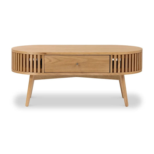 Best Oak Slatted Oval 1-Drawer Coffee Table - Blythe Living
