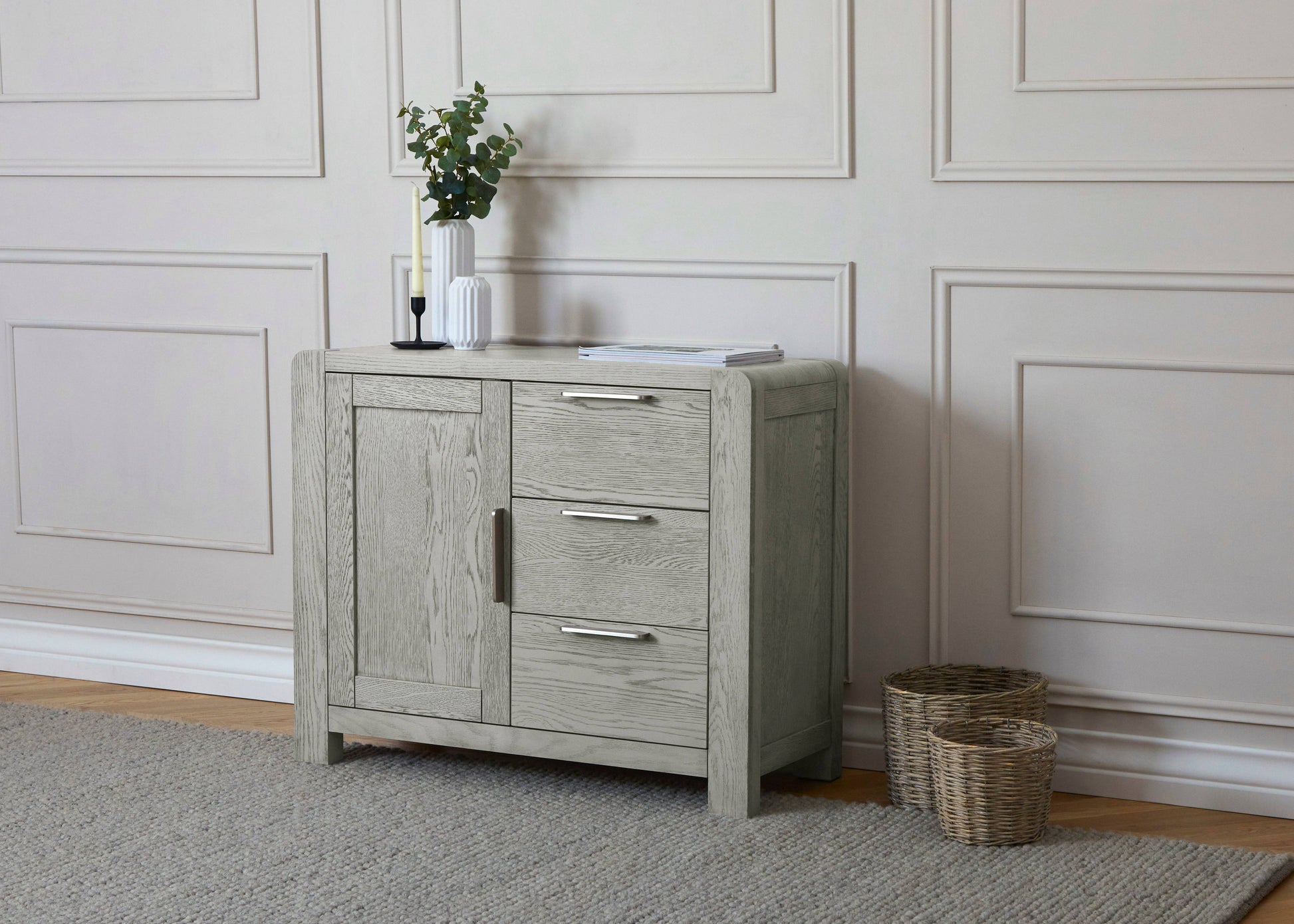 Buy Amsterdam 98.5cm Grey Oak Sideboard with 3 Drawers and Sleek Silver Handles