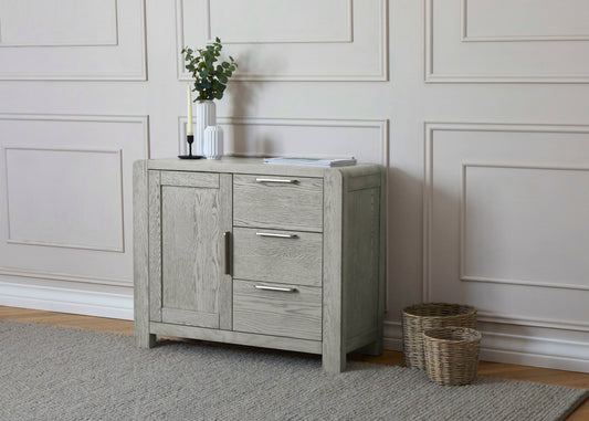 Buy Amsterdam 98.5cm Grey Oak Sideboard with 3 Drawers and Sleek Silver Handles