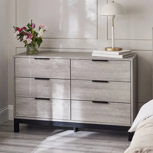 Buy Bali 6 drawer wide chest grey oak bedroom furniture UK