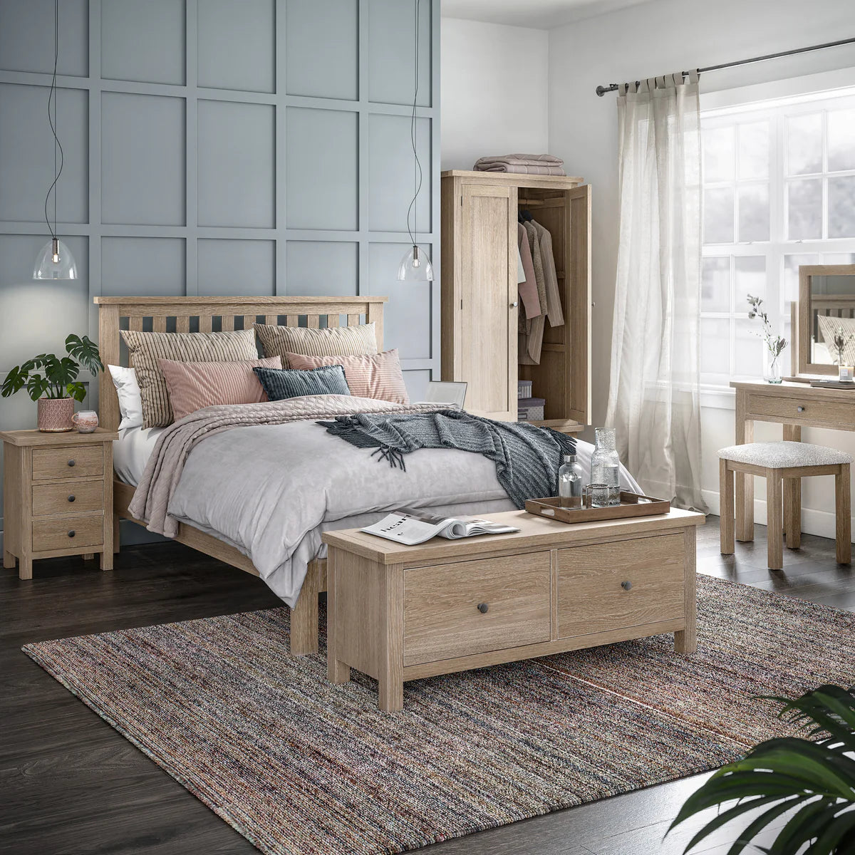 Buy British Modern Country Washed Oak 2 Drawer Blanket Bench free UK delivery
