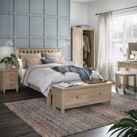 Buy British Modern Country Washed Oak 2 Drawer Blanket Bench free UK delivery
