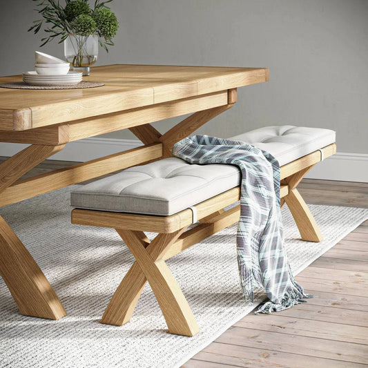 Buy British Normandy Oak Beige 200cm Cross Legged Dining Bench free UK delivery
