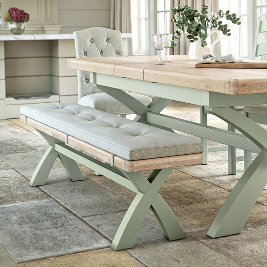 Buy British Salcombe Sage Cross Leg Bench beige cushion free UK delivery
