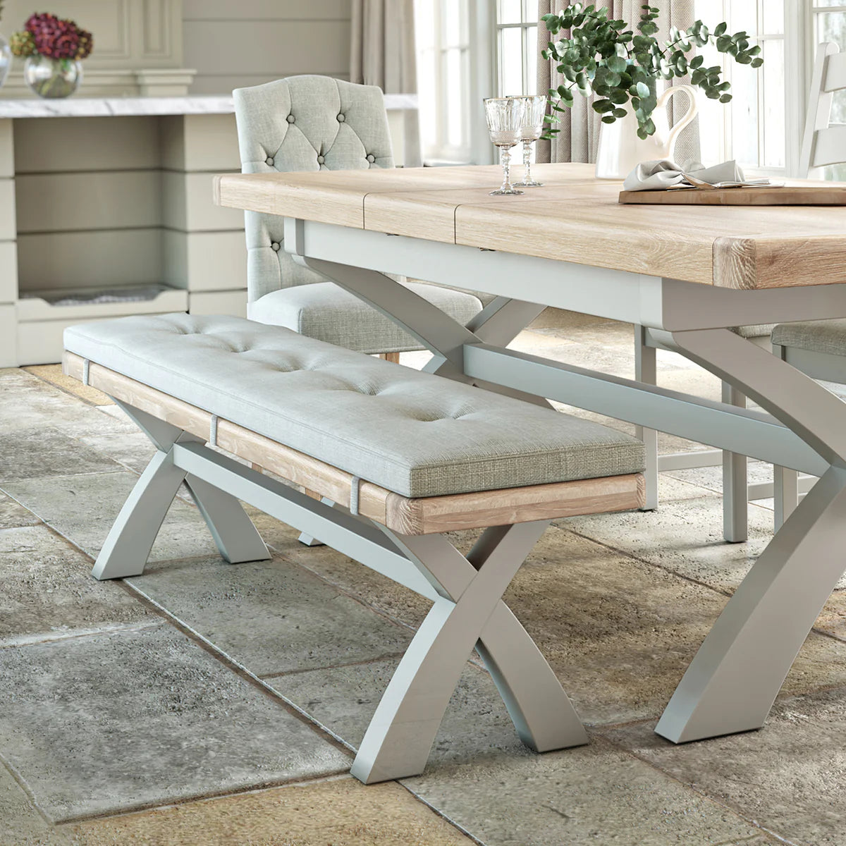 Buy British Salcombe Stone Grey Cross Leg Bench beige cushion free UK delivery
