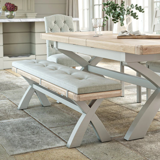 Buy British Salcombe Stone Grey Cross Leg Bench beige cushion free UK delivery
